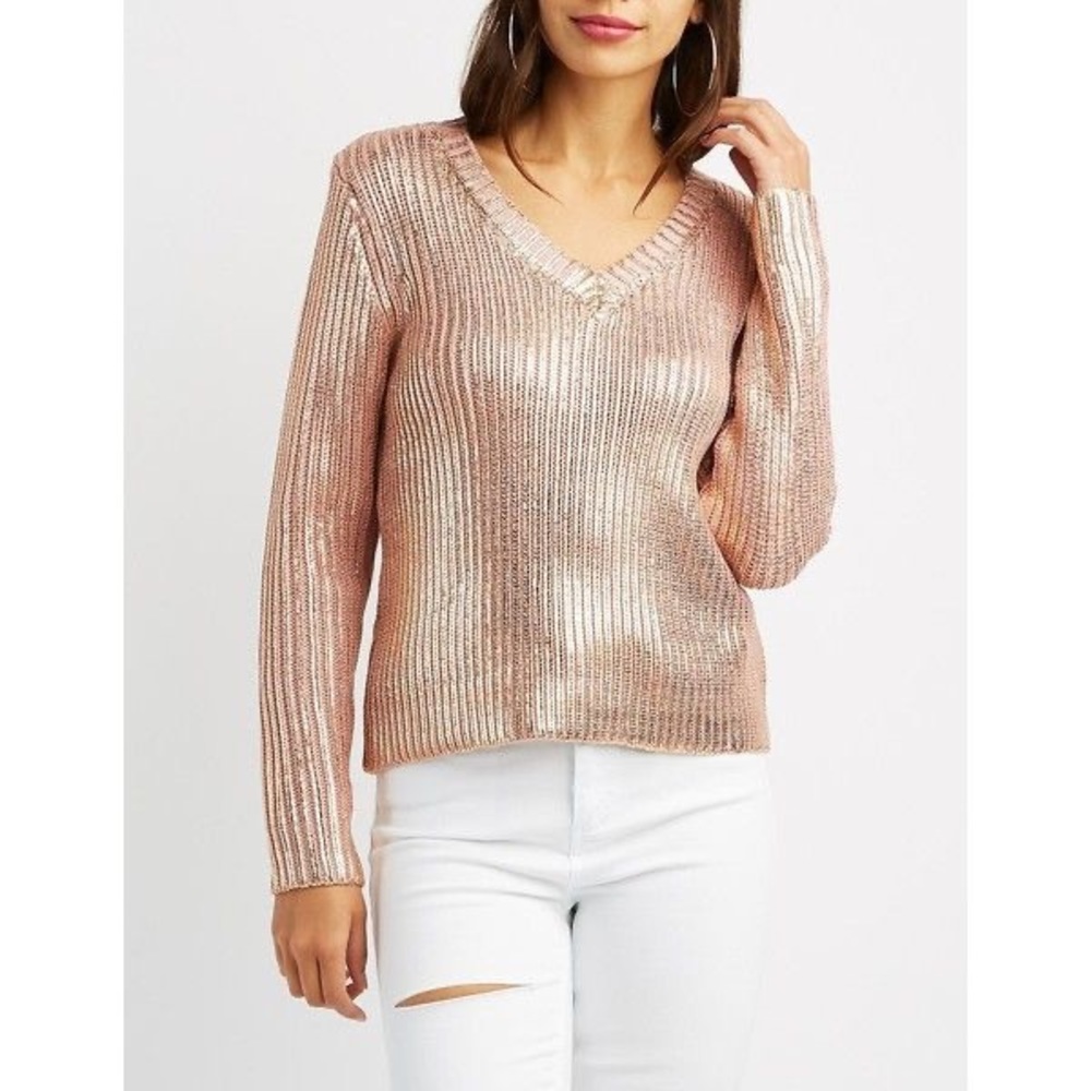 Charlotte Russe ROSE GOLD printed gold & pink V neck sweater size SMALL